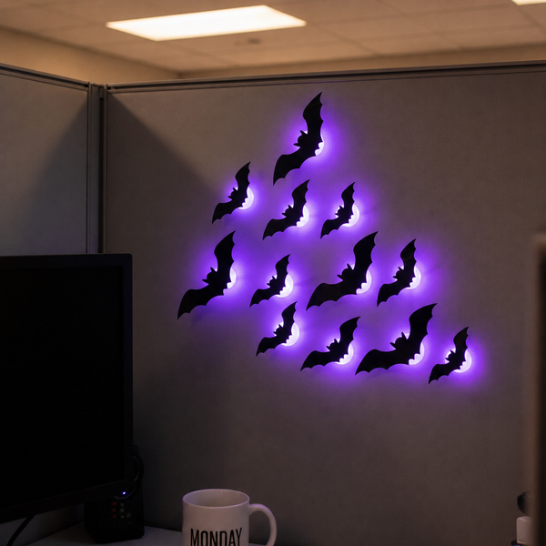 Purple Halloween bat lights in an office
