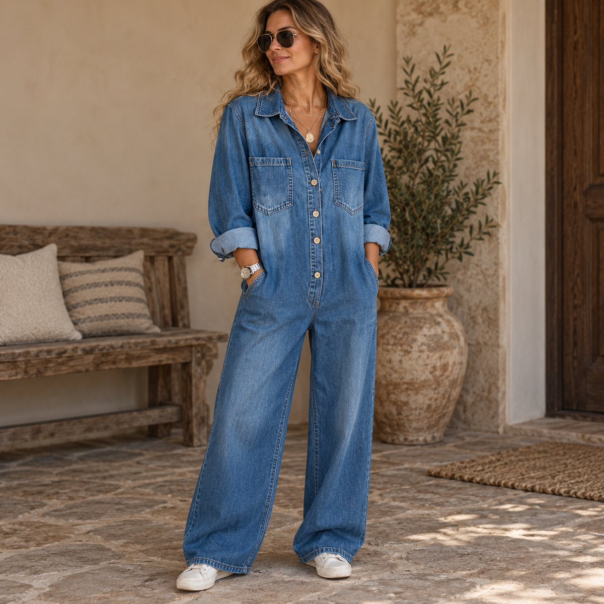 Button-Up Denim Jumpsuit